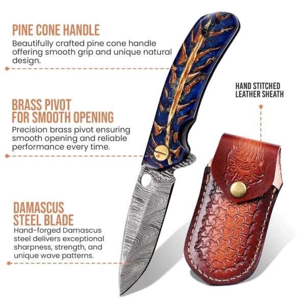 7.2′ Handmade Damascus Steel Pocket Knife with Leather Sheath Pine Cone Handle | PC-001-BL