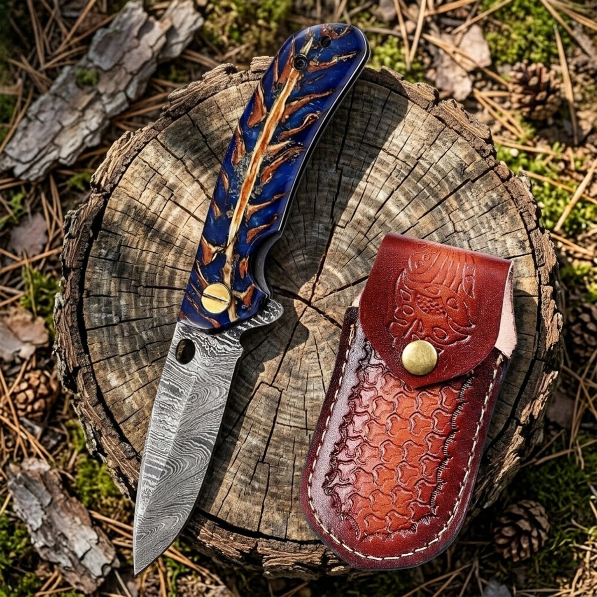 7.2′ Handmade Damascus Steel Pocket Knife with Leather Sheath Pine Cone Handle | PC-001-BL