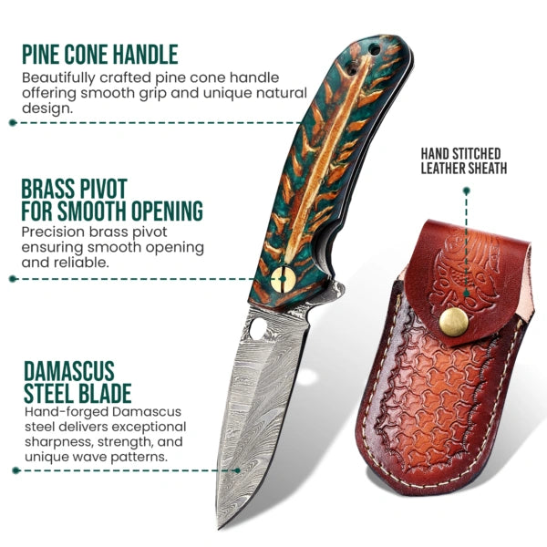 7.2′ Handmade Damascus Steel Pocket Knife with Leather Sheath Pine Cone Handle | PC-001-GN