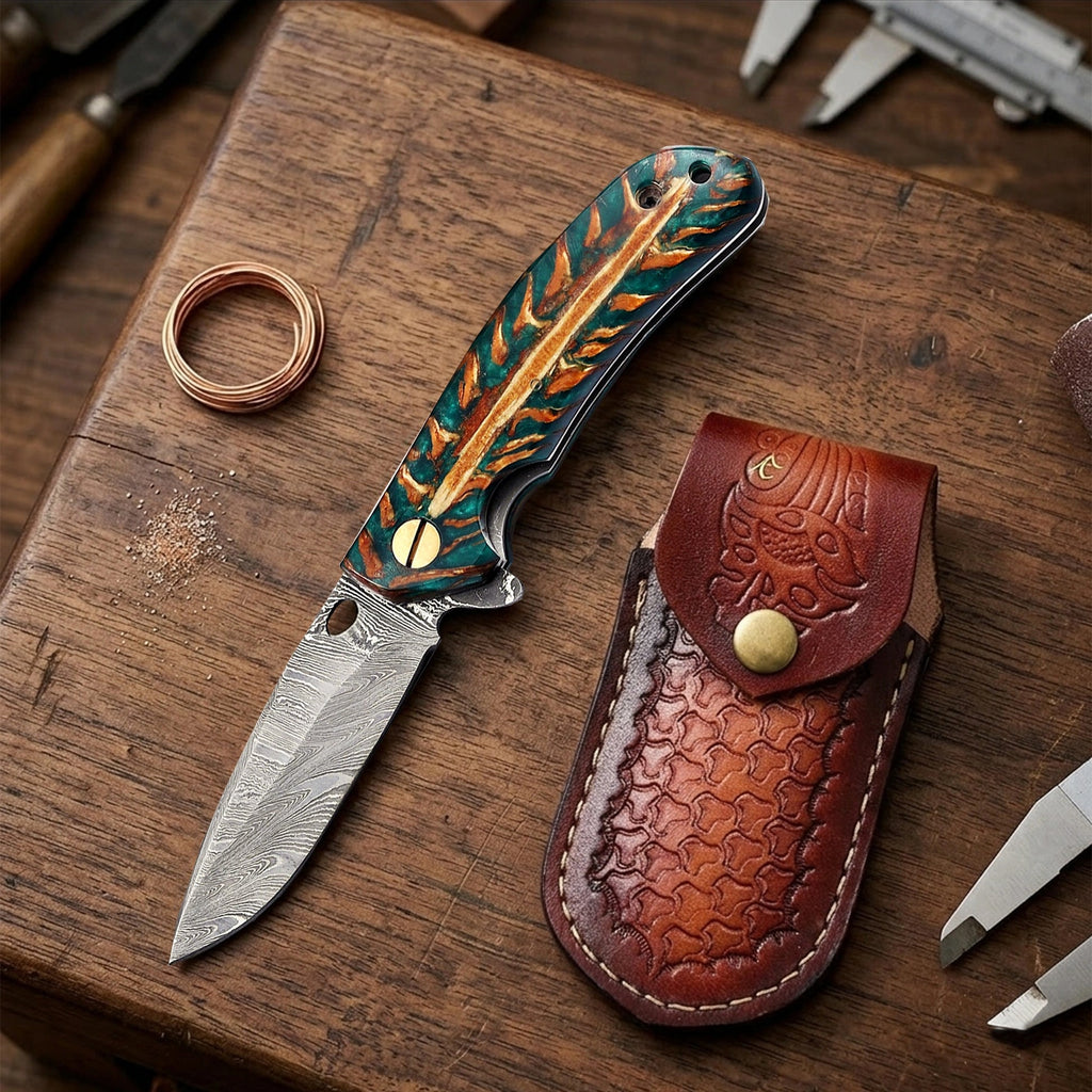 7.2′ Handmade Damascus Steel Pocket Knife with Leather Sheath Pine Cone Handle | PC-001-GN