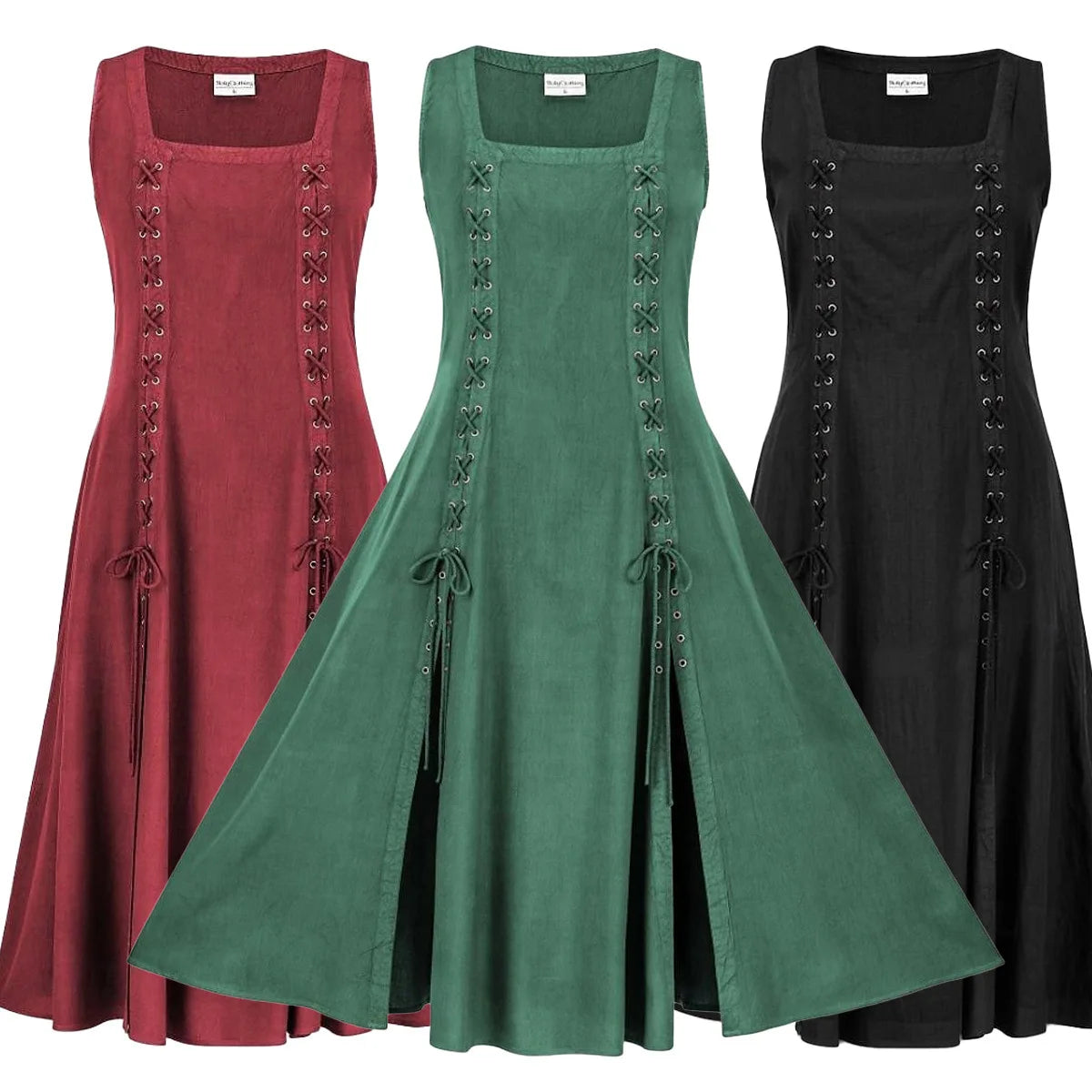 Medieval Viking Apron Overdress with Laced Medieval Classic Vintage Retro Vogue Flare Sleeve Tunic Dress Ladies Plus Size