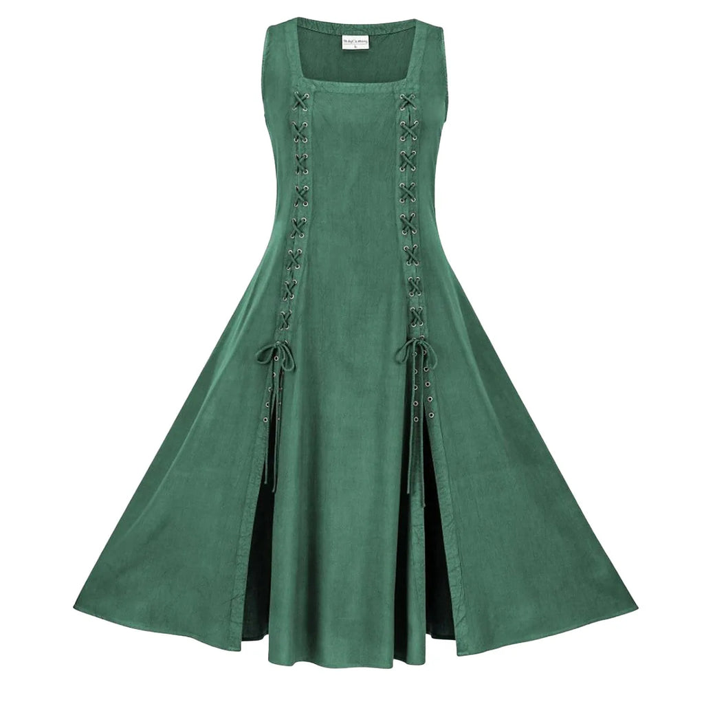 Medieval Viking Apron Overdress with Laced Medieval Classic Vintage Retro Vogue Flare Sleeve Tunic Dress Ladies Plus Size