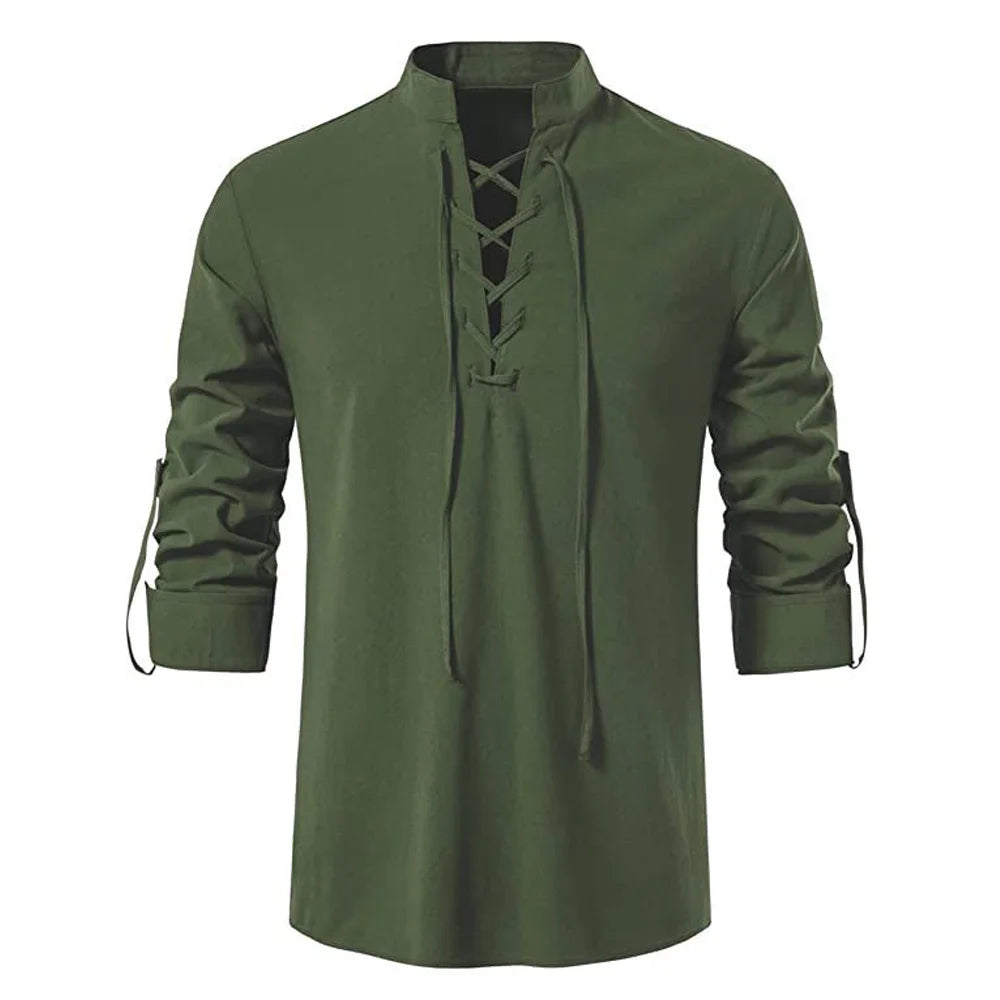 Men's Viking Linen Shirt – Medieval Lace-Up Renaissance Tunic