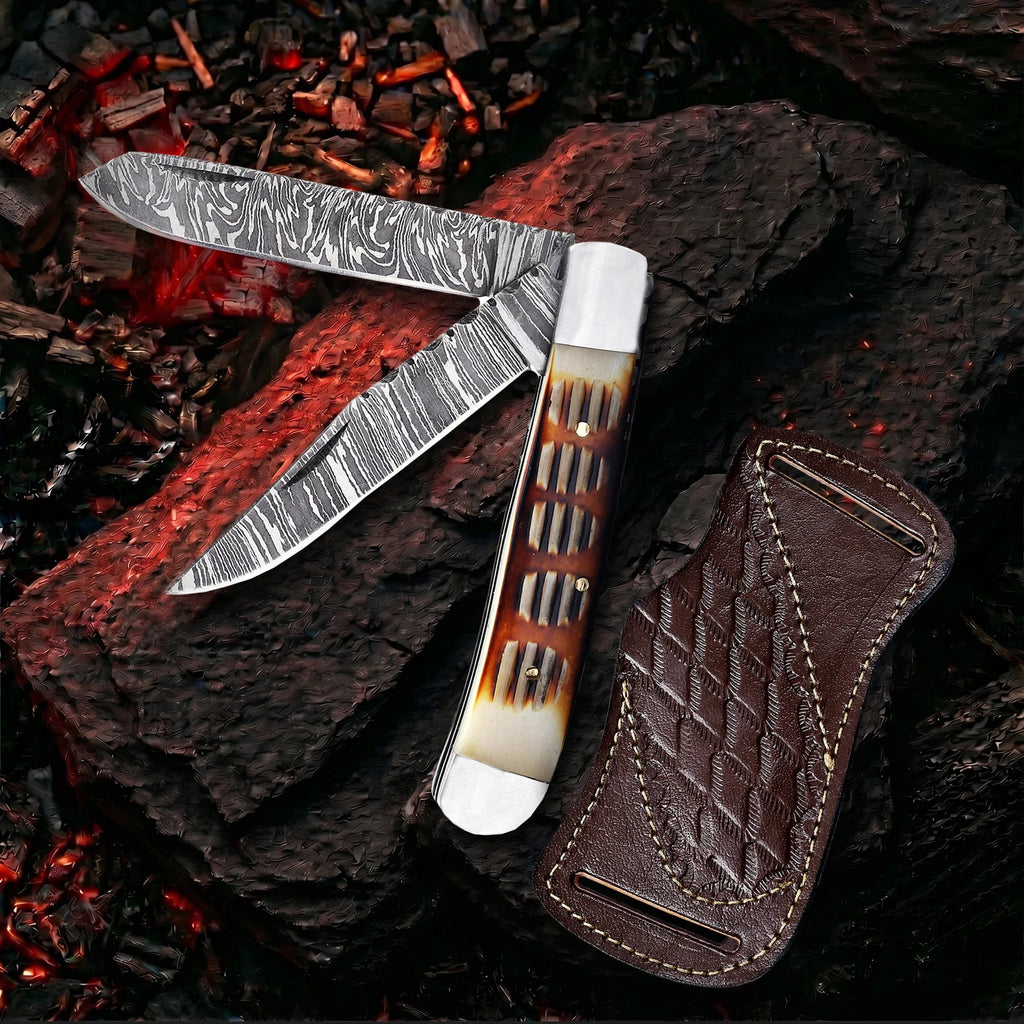 7.5′ Handmade Damascus Steel Crandall Jig Amber Bone Handle Pocket Knife with Leather Sheath | TRP-001-JB