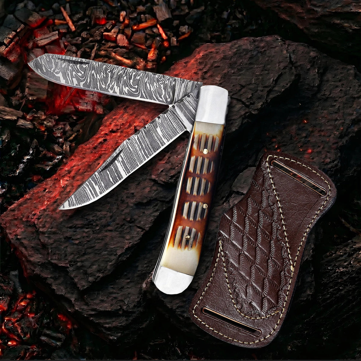 7.5′ Handmade Damascus Steel Crandall Jig Amber Bone Handle Pocket Knife with Leather Sheath | TRP-001-JB