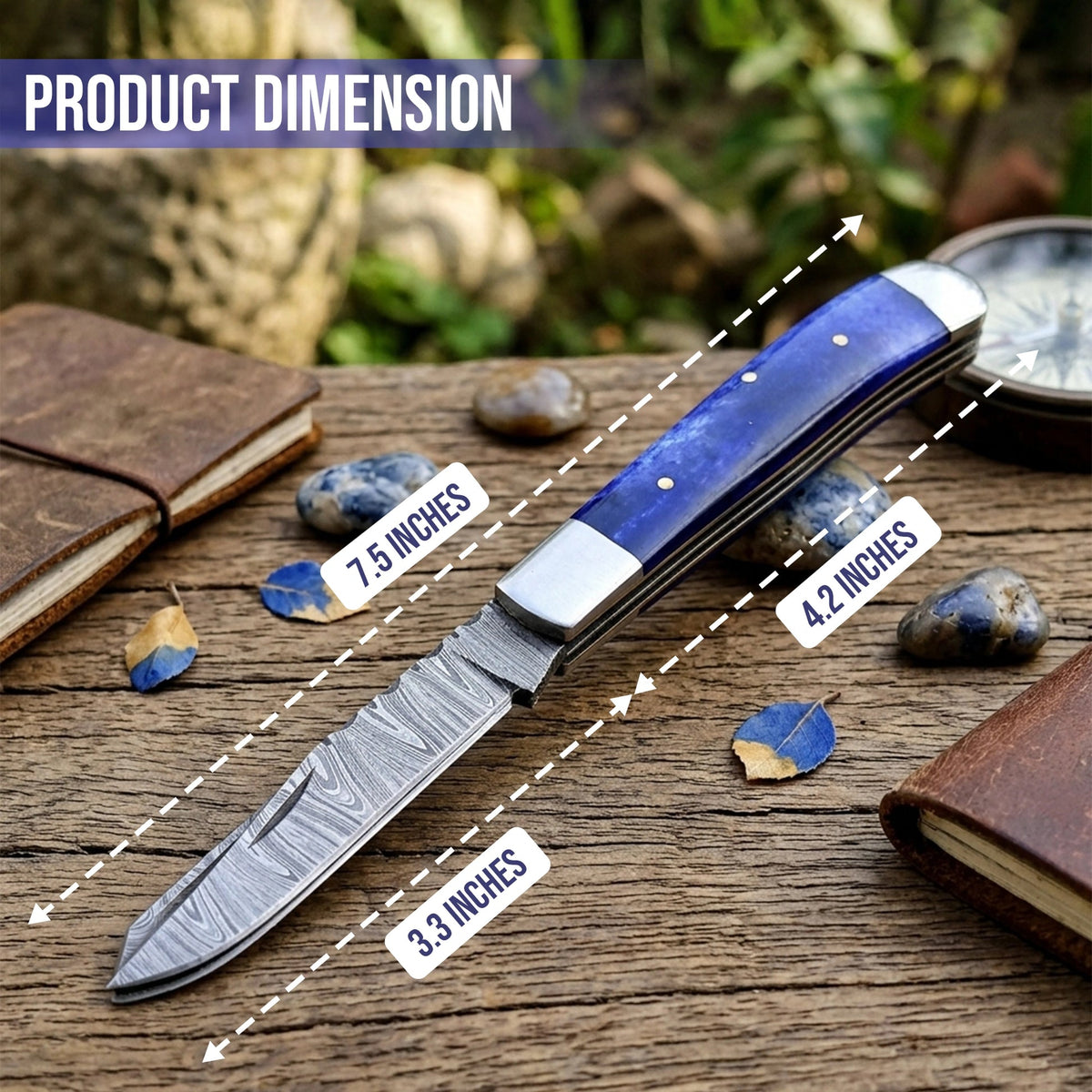7.5′ Handmade Damascus Steel Mediterranean Blue Bone Handle Pocket Knife with Leather Sheath | TRP-001-BL