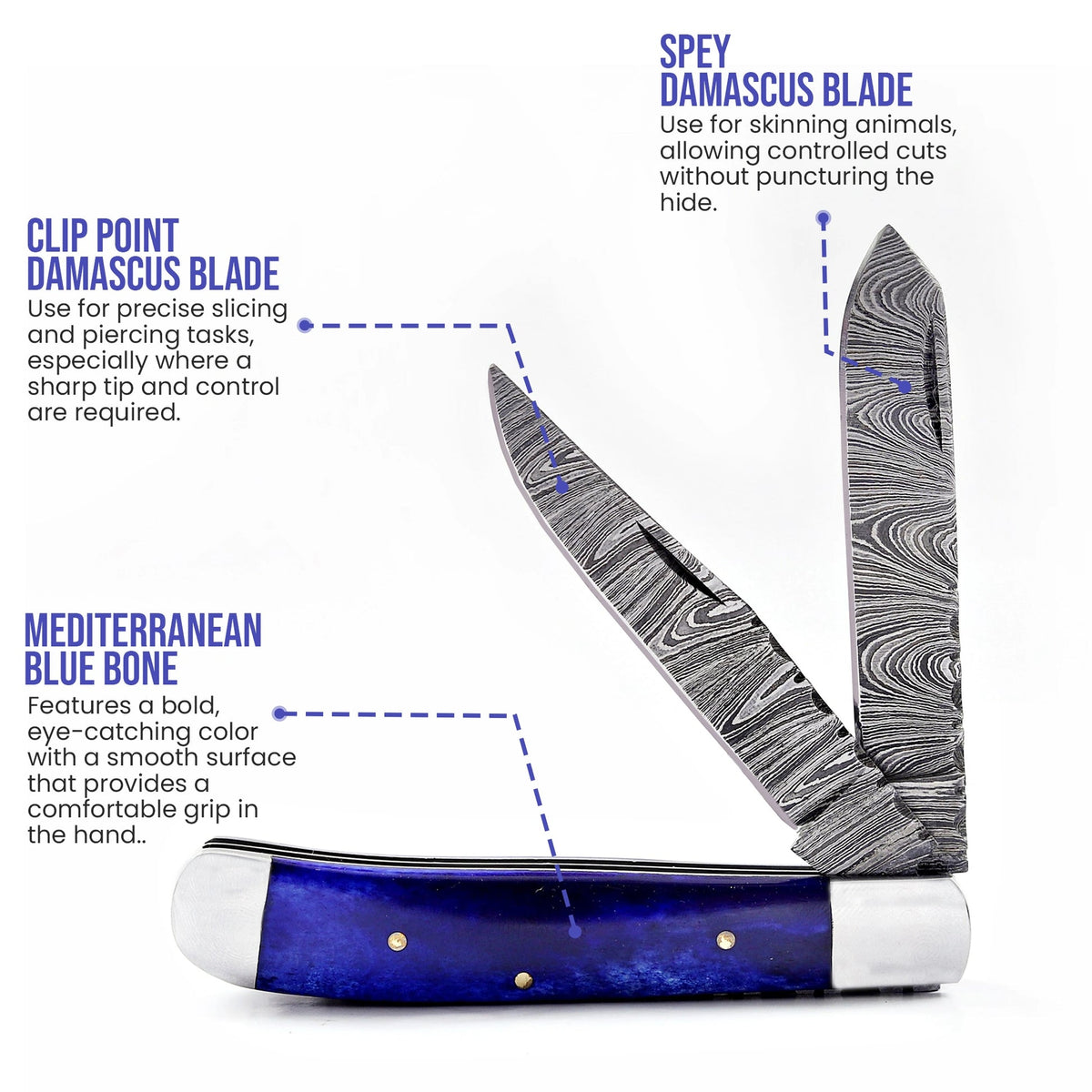 7.5′ Handmade Damascus Steel Mediterranean Blue Bone Handle Pocket Knife with Leather Sheath | TRP-001-BL