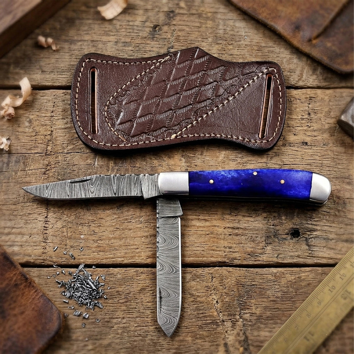 7.5′ Handmade Damascus Steel Mediterranean Blue Bone Handle Pocket Knife with Leather Sheath | TRP-001-BL