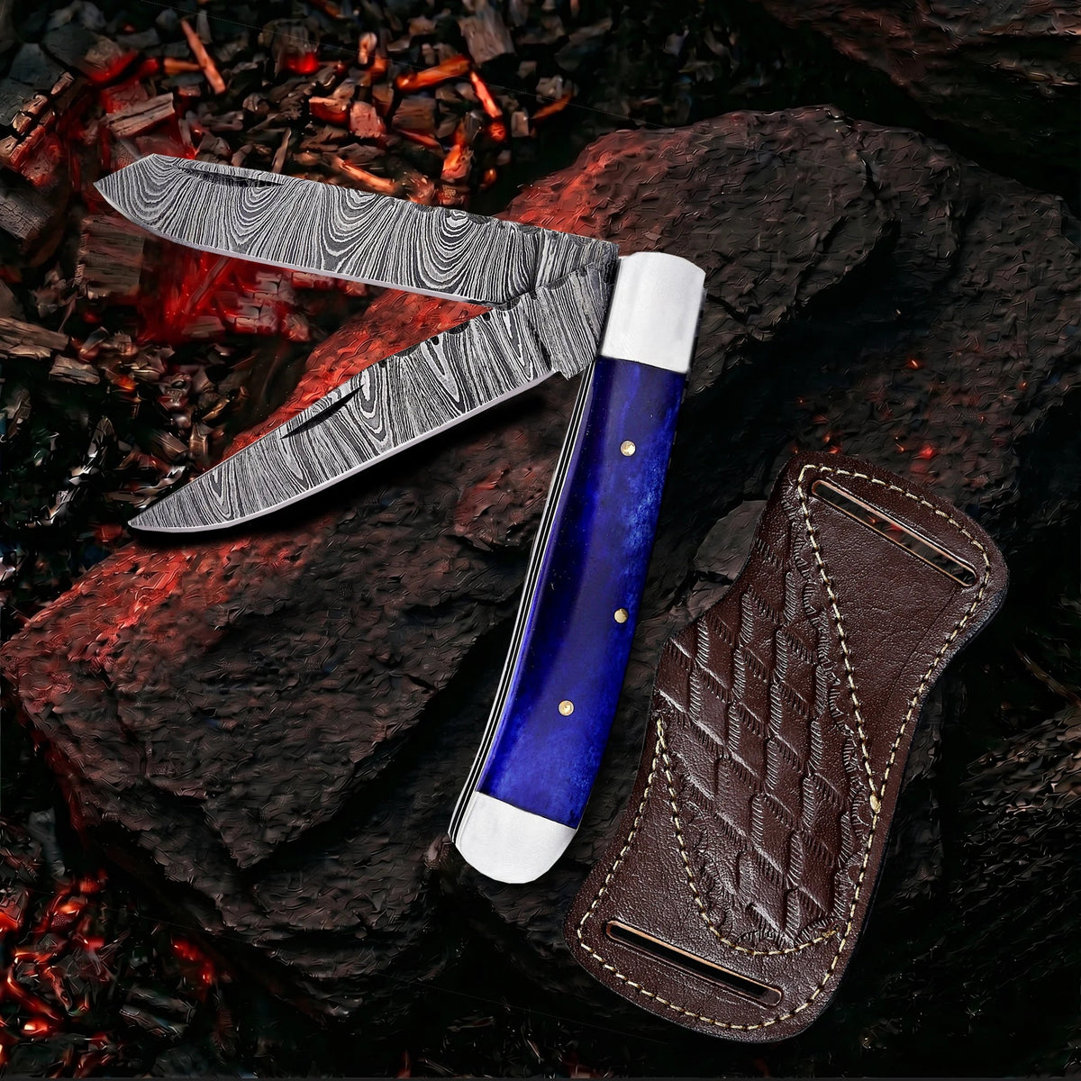 7.5′ Handmade Damascus Steel Mediterranean Blue Bone Handle Pocket Knife with Leather Sheath | TRP-001-BL