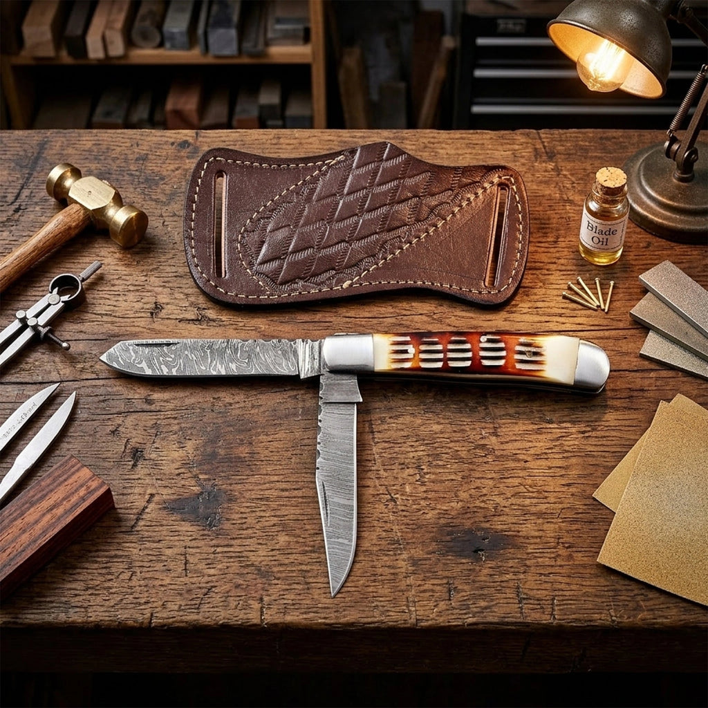 7.5′ Handmade Damascus Steel Crandall Jig Amber Bone Handle Pocket Knife with Leather Sheath | TRP-001-JB
