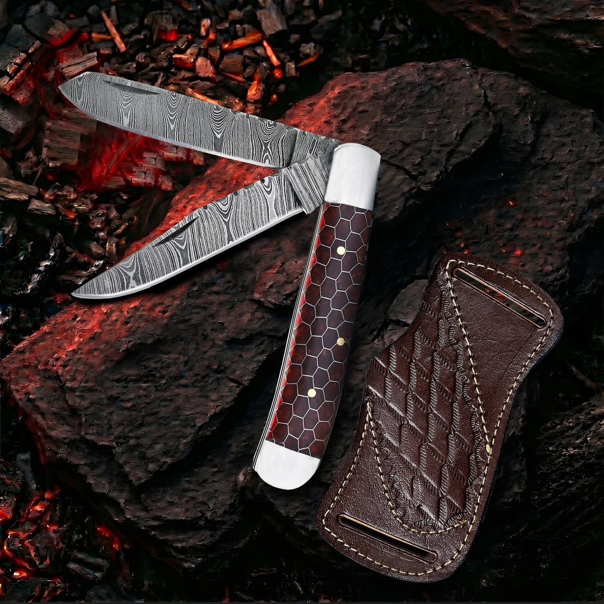 7.5′ Handmade Damascus Steel Red Honey Comb Handle Pocket Knife with Leather Sheath | TRP-001-RH