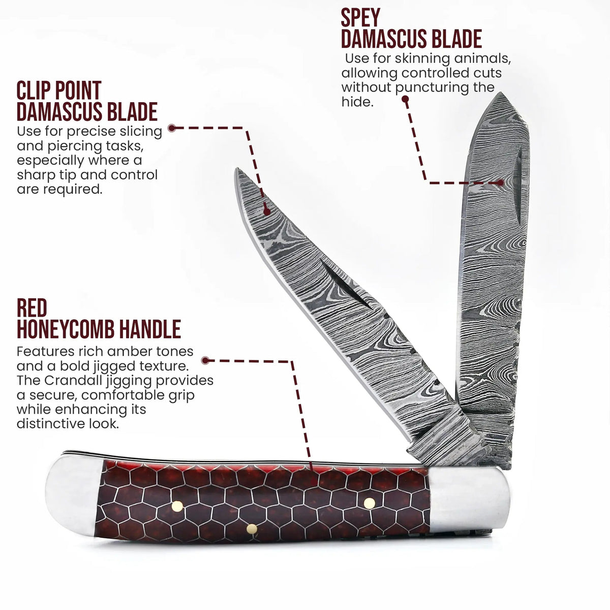 7.5′ Handmade Damascus Steel Red Honey Comb Handle Pocket Knife with Leather Sheath | TRP-001-RH