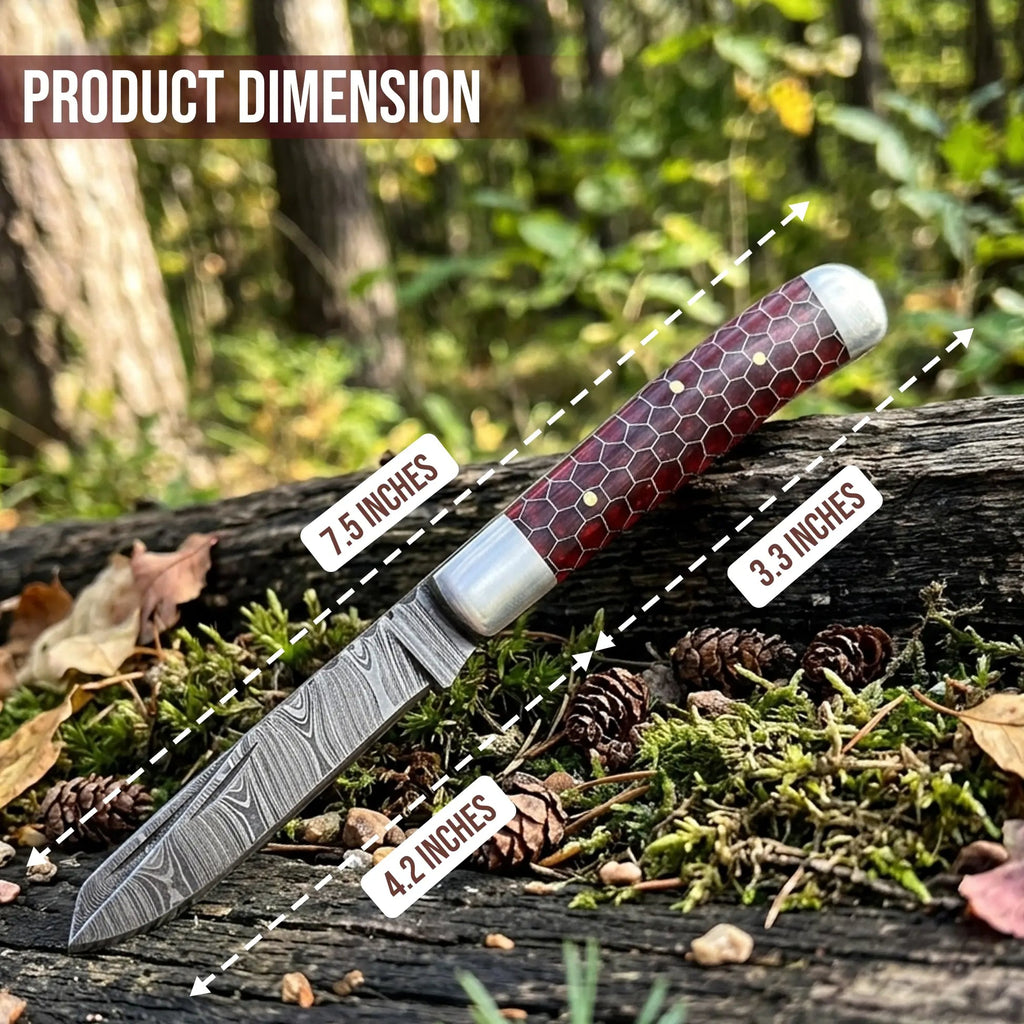 7.5′ Handmade Damascus Steel Red Honey Comb Handle Pocket Knife with Leather Sheath | TRP-001-RH