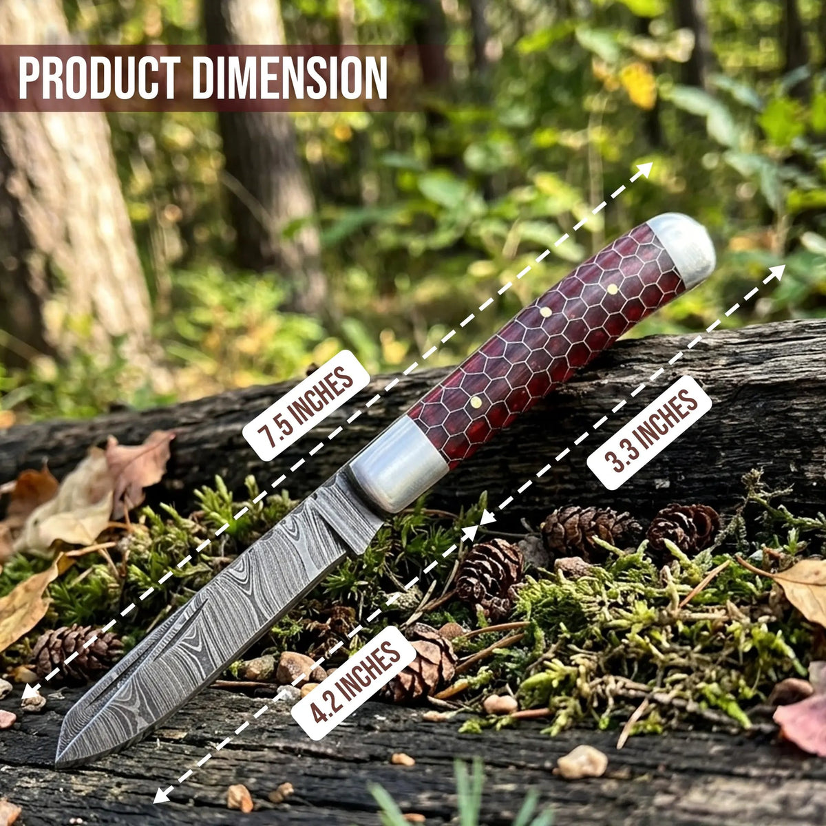 7.5′ Handmade Damascus Steel Red Honey Comb Handle Pocket Knife with Leather Sheath | TRP-001-RH