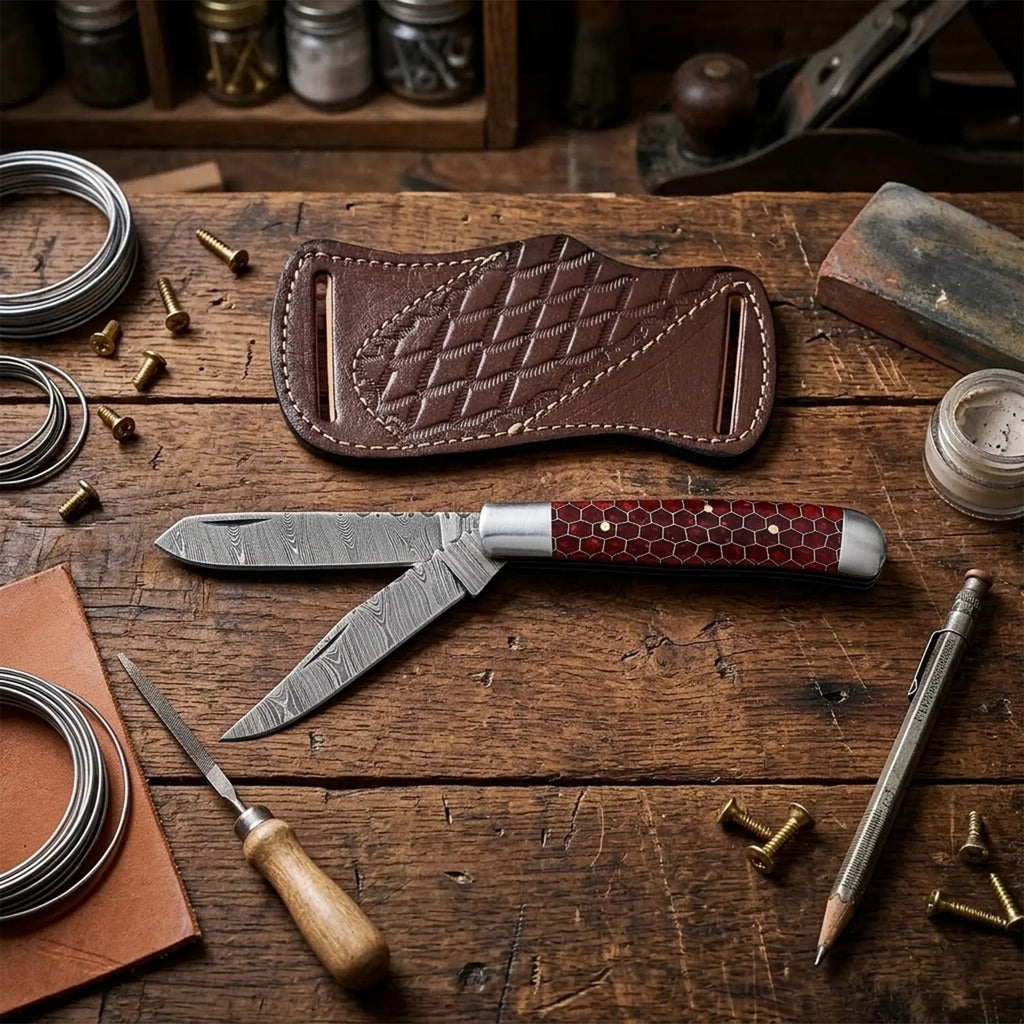 7.5′ Handmade Damascus Steel Red Honey Comb Handle Pocket Knife with Leather Sheath | TRP-001-RH