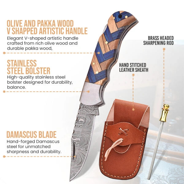 6.5′ Handmade Damascus Steel Artistic Handle Pocket Knife with Leather Sheath | VP-001-BL
