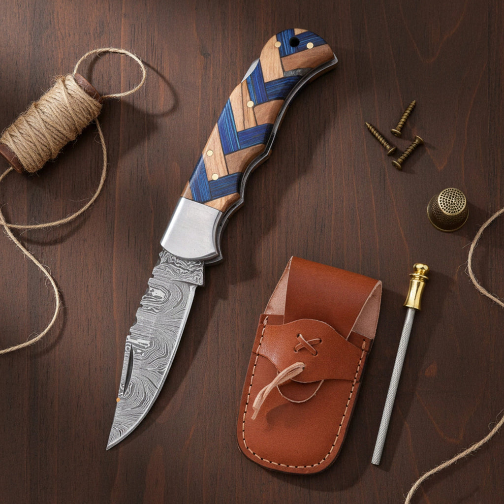 6.5′ Handmade Damascus Steel Artistic Handle Pocket Knife with Leather Sheath | VP-001-BL