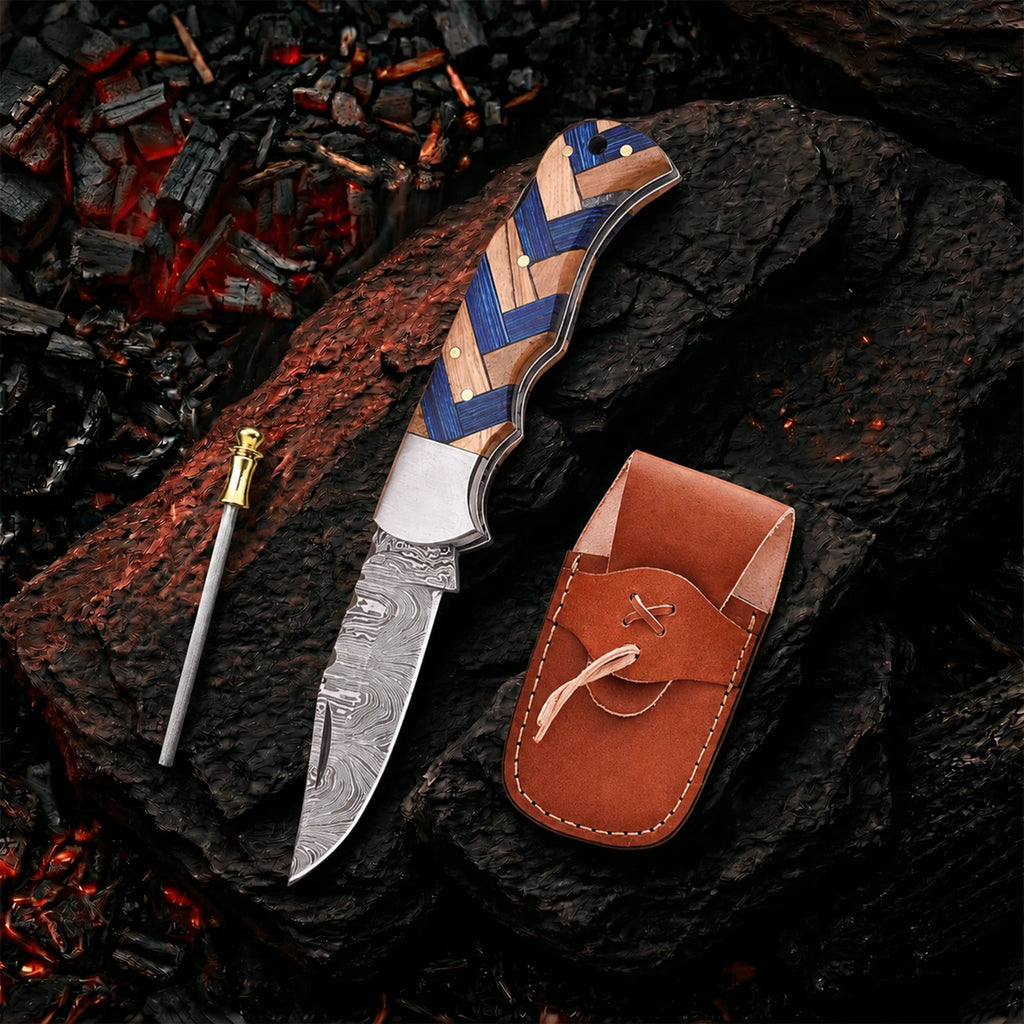 6.5′ Handmade Damascus Steel Artistic Handle Pocket Knife with Leather Sheath | VP-001-BL