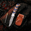 6.5′ Handmade Damascus Steel Artistic Handle Pocket Knife with Leather Sheath | VP-001-BL