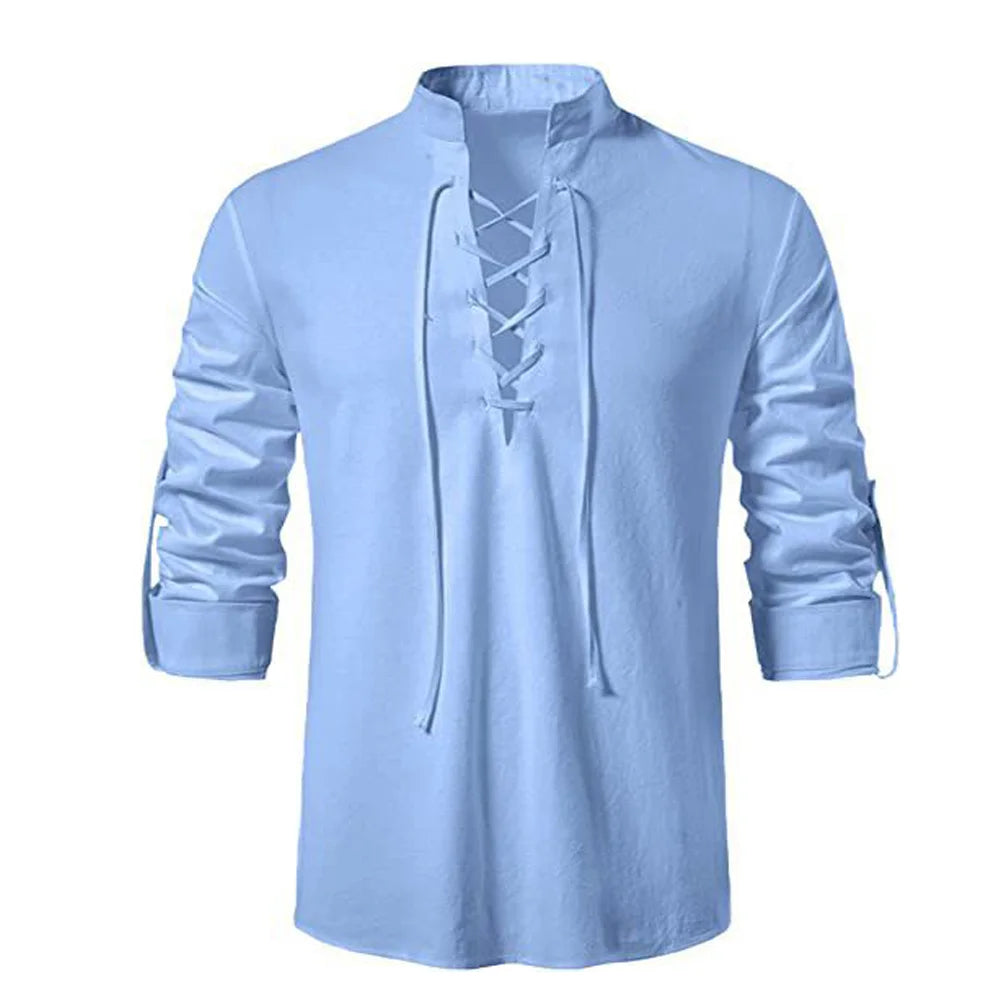 Front view of a men's olive green long-sleeve Viking tunic with a criss-cross lace-up collar and adjustable button sleeves, displayed on a solid white background for US historical reenactment enthusiasts.