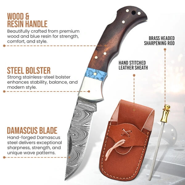 6.5′ Handmade Damascus Steel Pocket Knife with Leather Sheath | WR-001