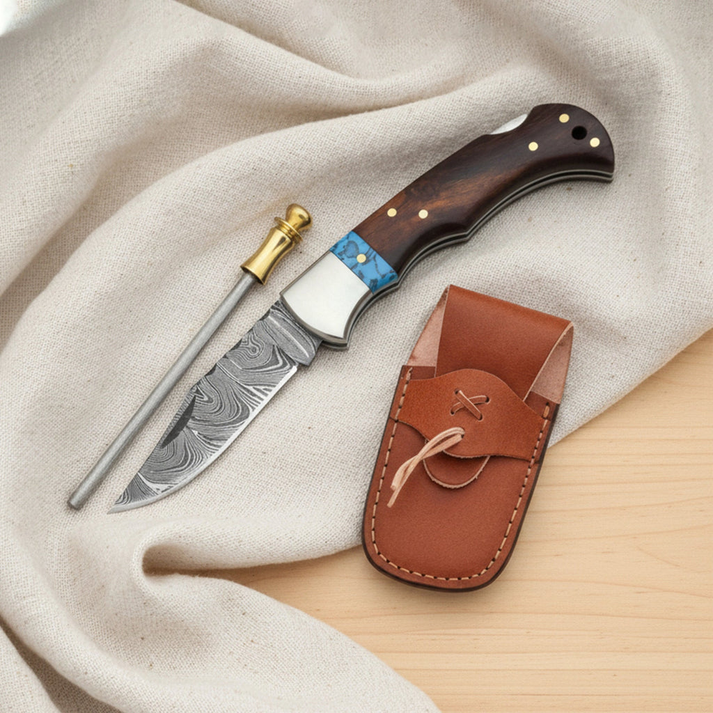 6.5′ Handmade Damascus Steel Pocket Knife with Leather Sheath | WR-001