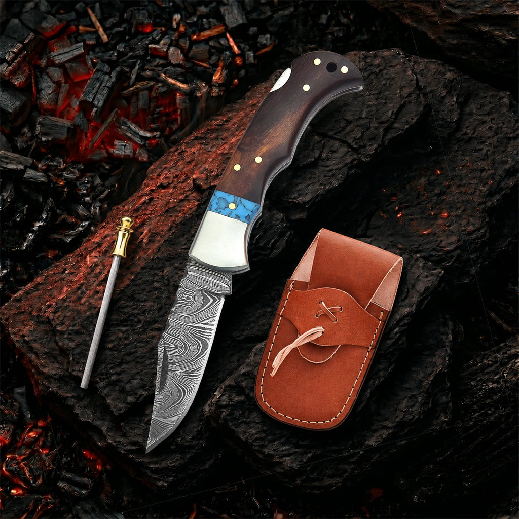 6.5′ Handmade Damascus Steel Pocket Knife with Leather Sheath | WR-001