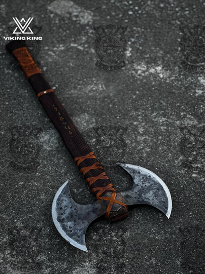 Double Headed Viking Axe, Hand Forged Double Blade Axe with leather Sheath, Two Handed Axe Custom Engraved