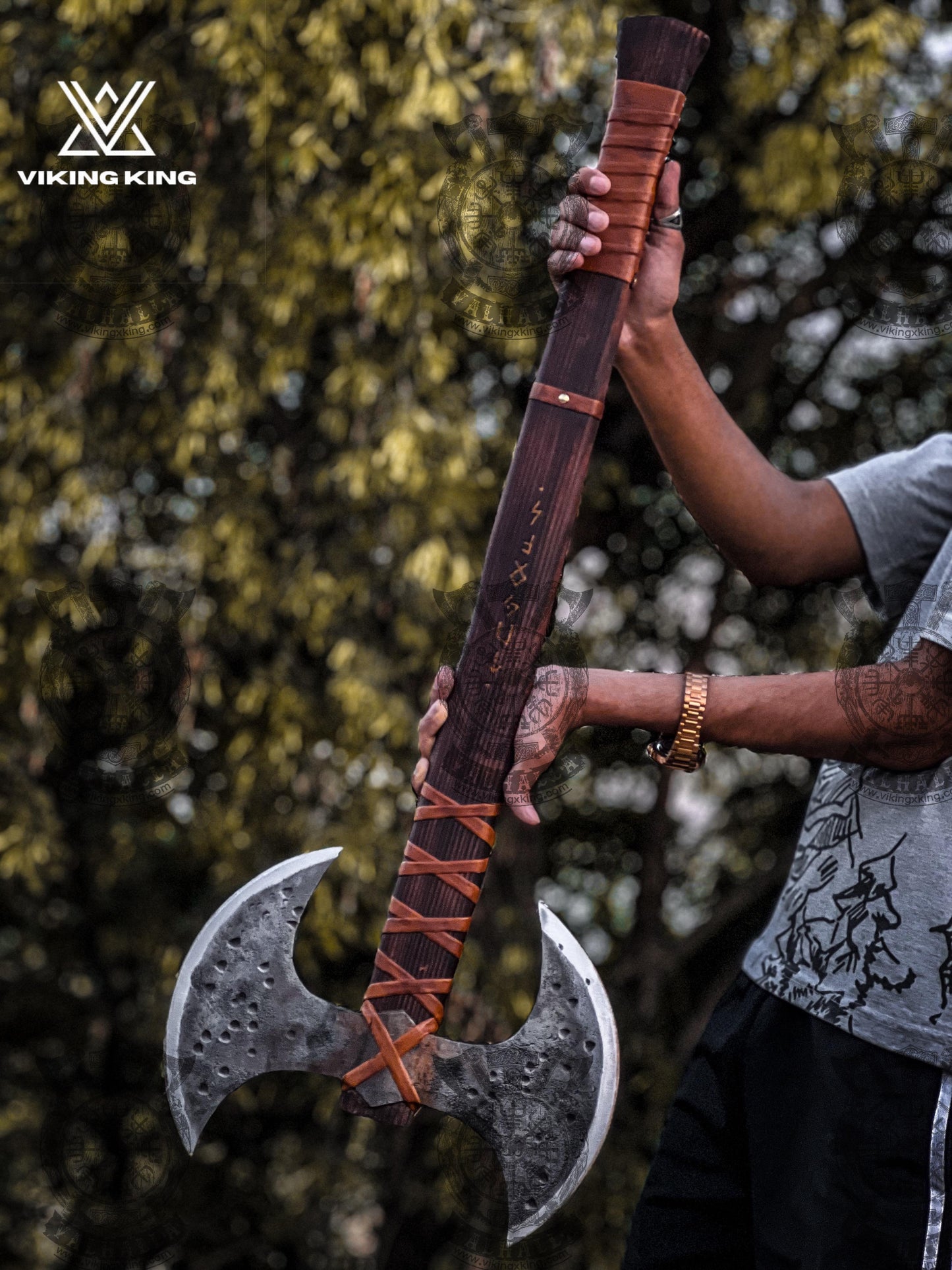 Double Headed Viking Axe, Hand Forged Double Blade Axe with leather Sheath, Two Handed Axe Custom Engraved