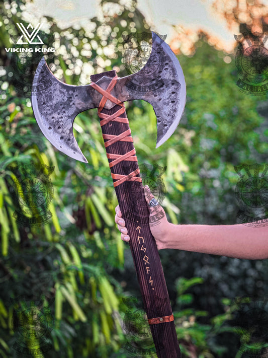 Double Headed Viking Axe, Hand Forged Double Blade Axe with leather Sheath, Two Handed Axe Custom Engraved