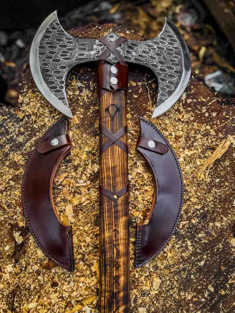 Double Bit Viking Axe – Handmade Norse Collector Axe with Leather Sheath