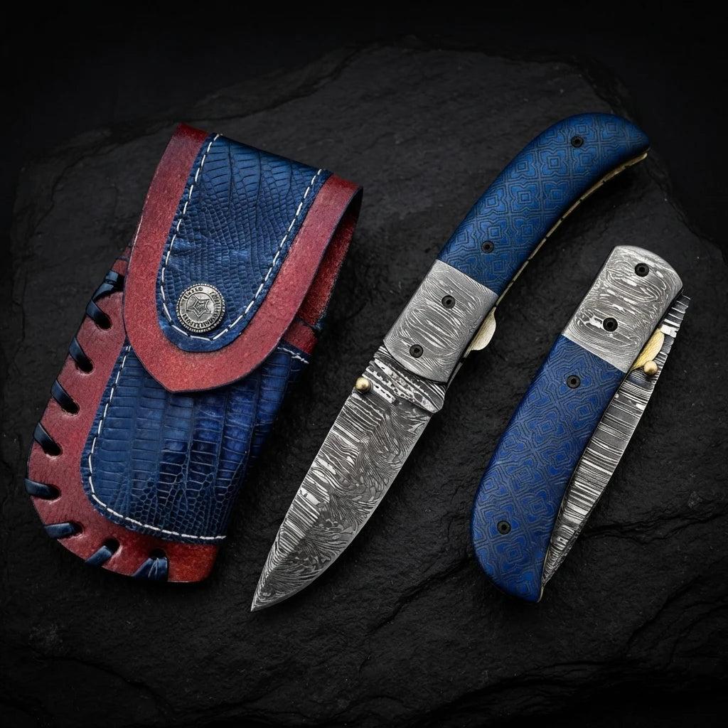Alien graphic blue camel bone folding pocket knife with Damascus bolster