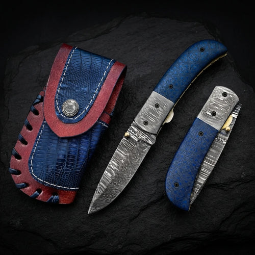 Alien graphic blue camel bone folding pocket knife with Damascus bolster