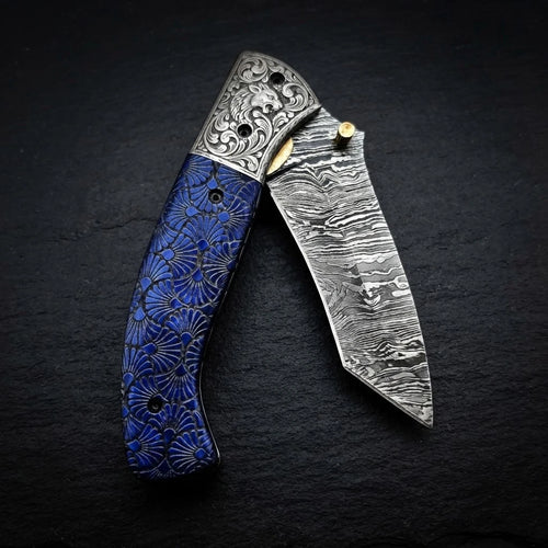 Alien graphic blue camel bone tanto folding knife with Damascus bolster – photo 1