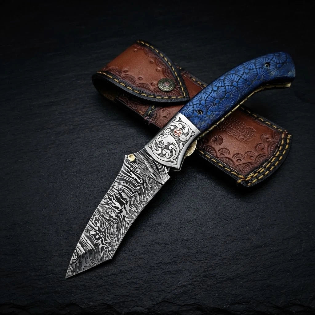 Alien graphic blue camel bone tanto folding knife with Damascus bolster – photo 2