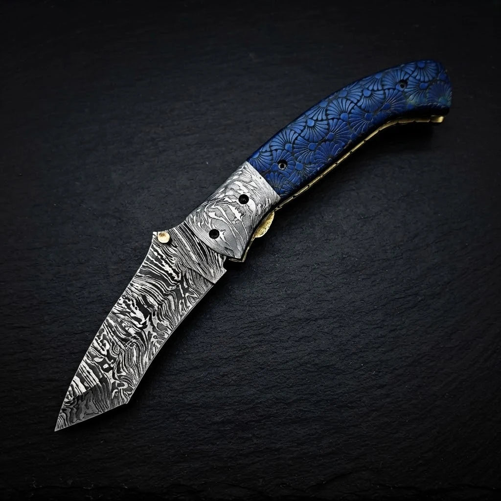 Alien graphic blue camel bone tanto folding knife with Damascus bolster – photo 4