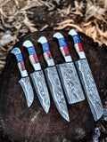 American flag chef knife set, 5 hand-forged Damascus steel knives with red, white and blue handles