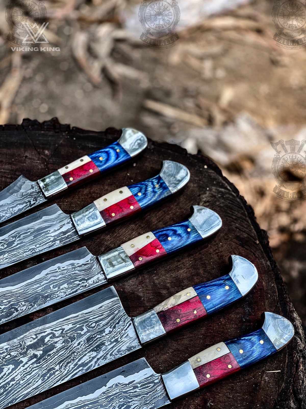 Patriotic Damascus kitchen knife set with American flag handles and steel bolsters