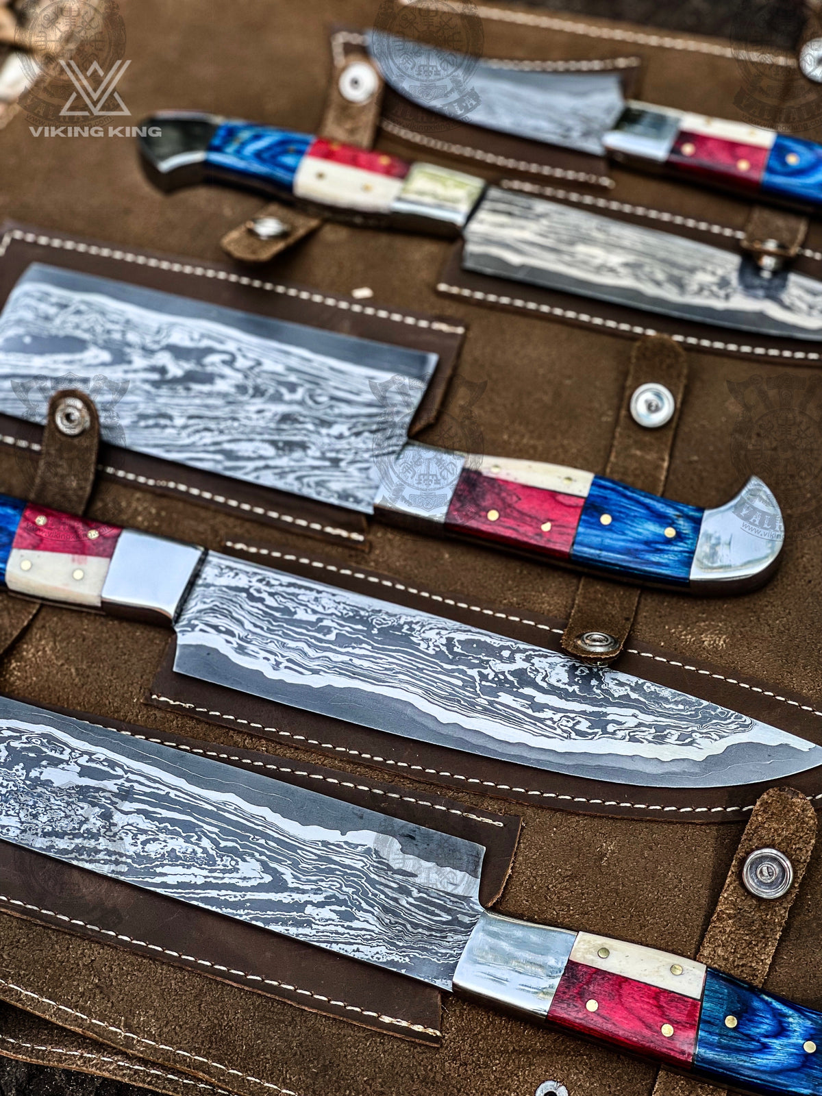 Red, white and blue American flag knife handles on 5-piece Damascus chef set