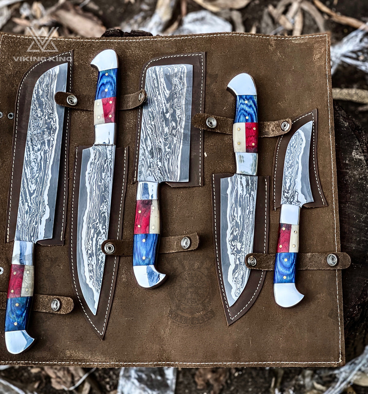 American flag Damascus knife set with leather roll bag and individual knife sleeves