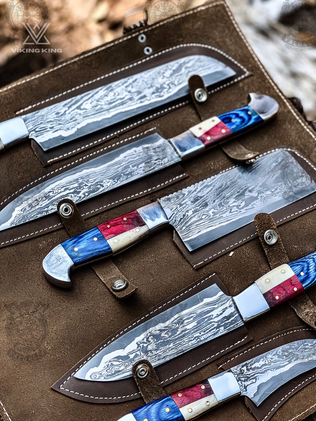 Stars and stripes Damascus chef knife set, patriotic gift for chefs and BBQ lovers