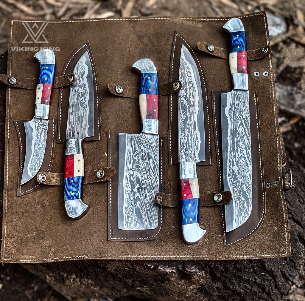 5-piece American flag kitchen knife set in hand-forged Damascus steel, Fourth of July gift