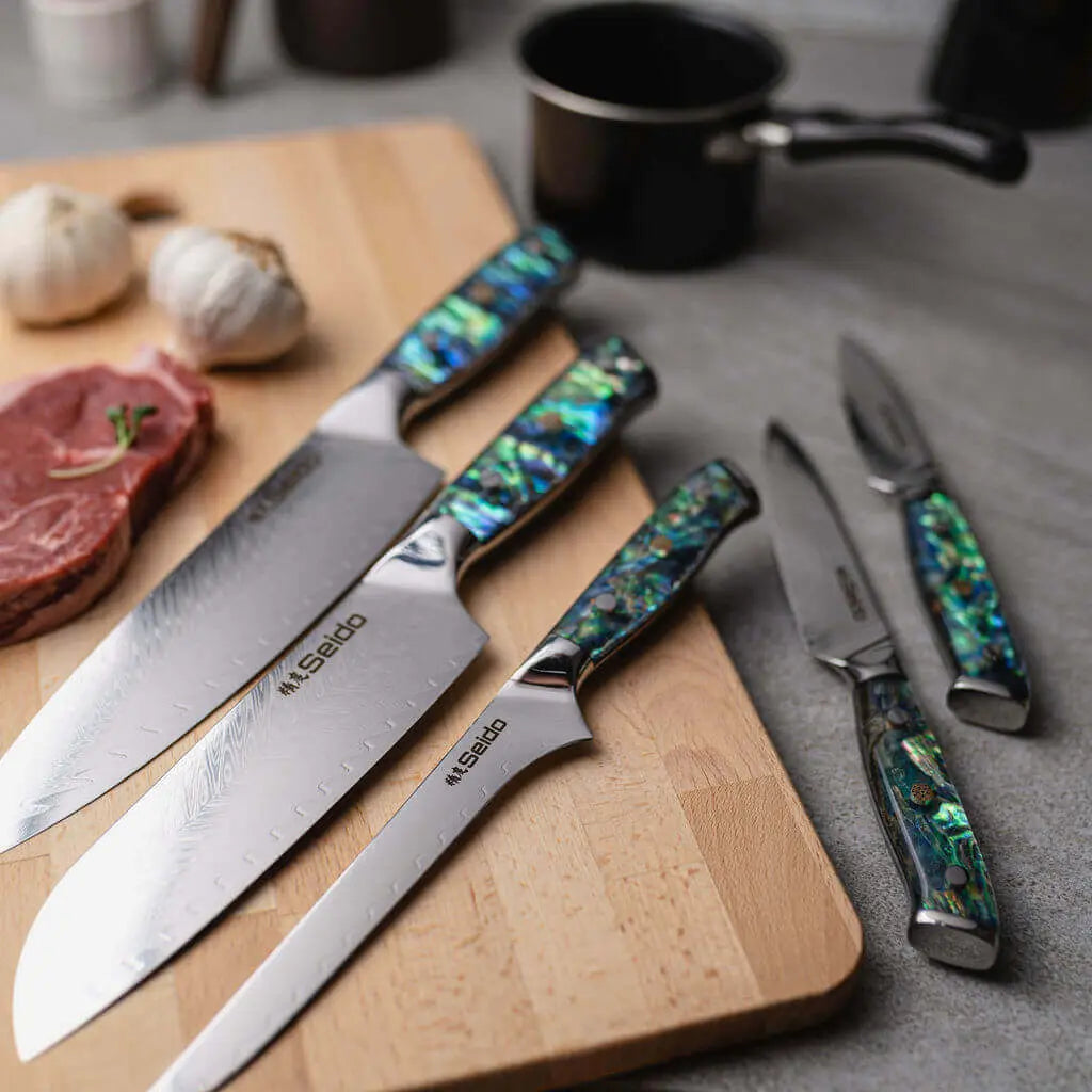 67-layer Damascus steel blades of the Awabi Japanese chef knife set