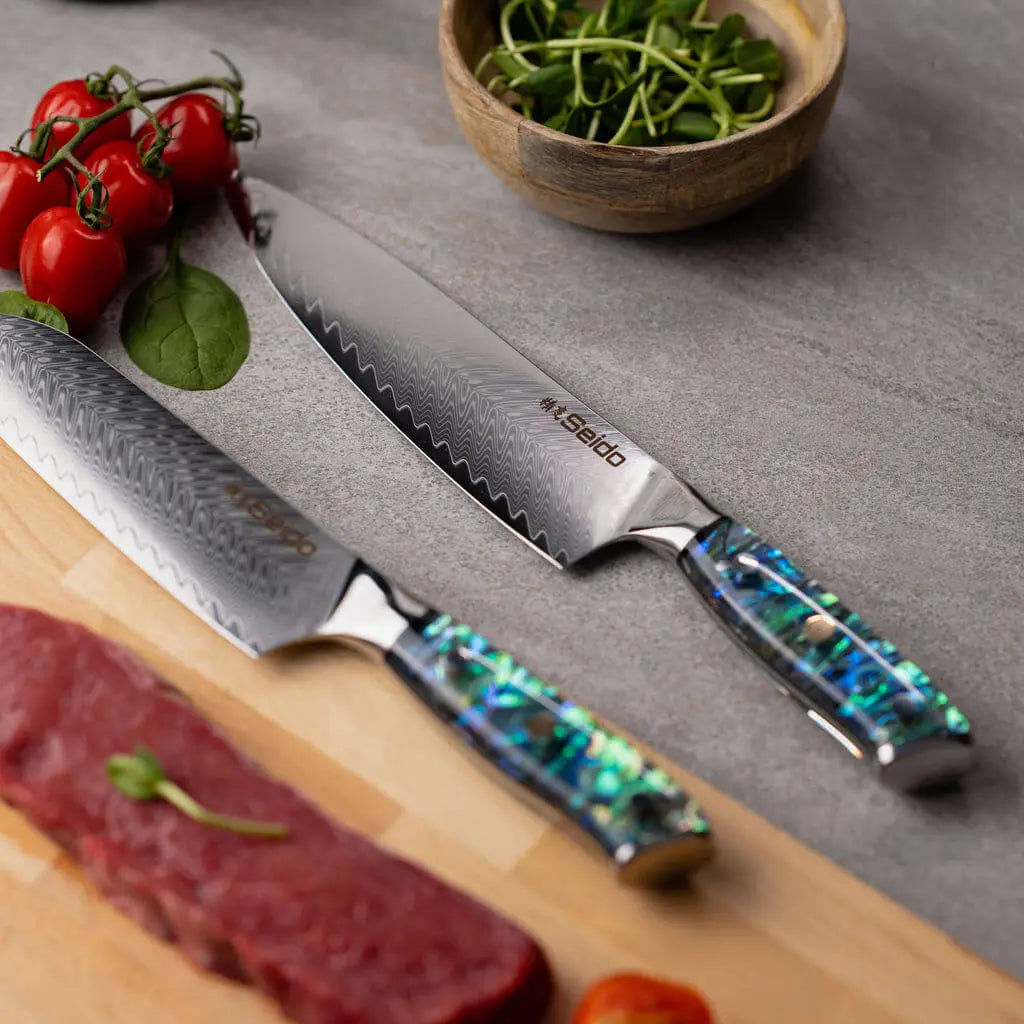 Awabi VG10 Damascus kitchen knife with abalone resin handle