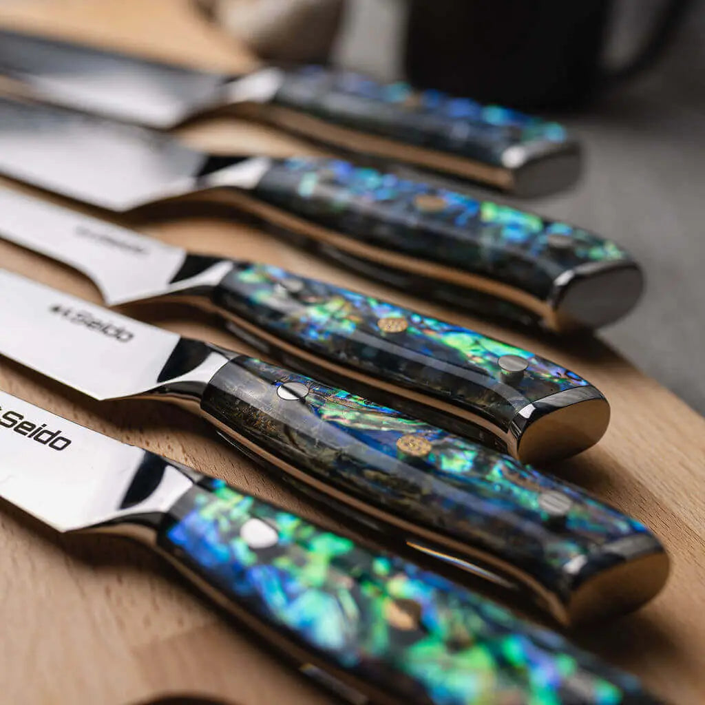 Awabi 5-piece Damascus knife set: gyuto, santoku, boning, utility and paring knives