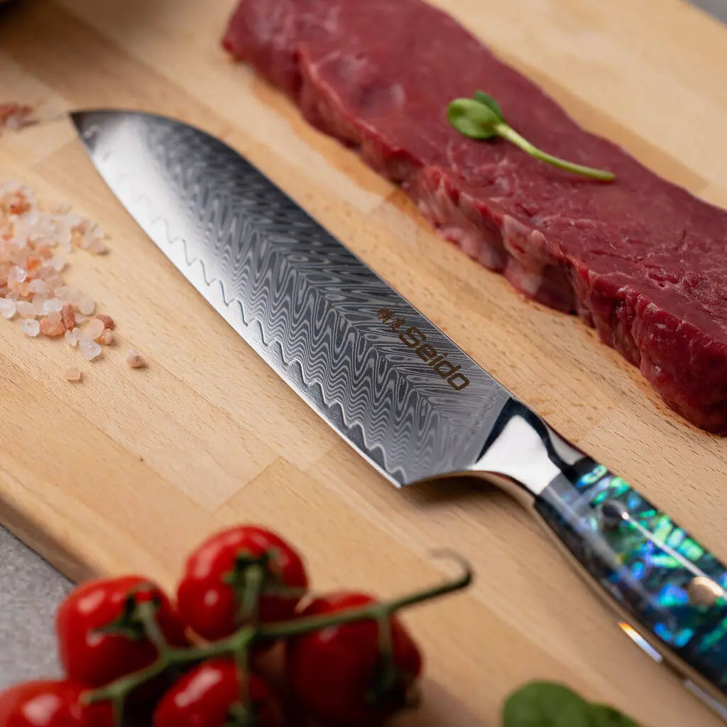 Awabi VG10 Damascus knife with double-bevel 12-15 degree edge