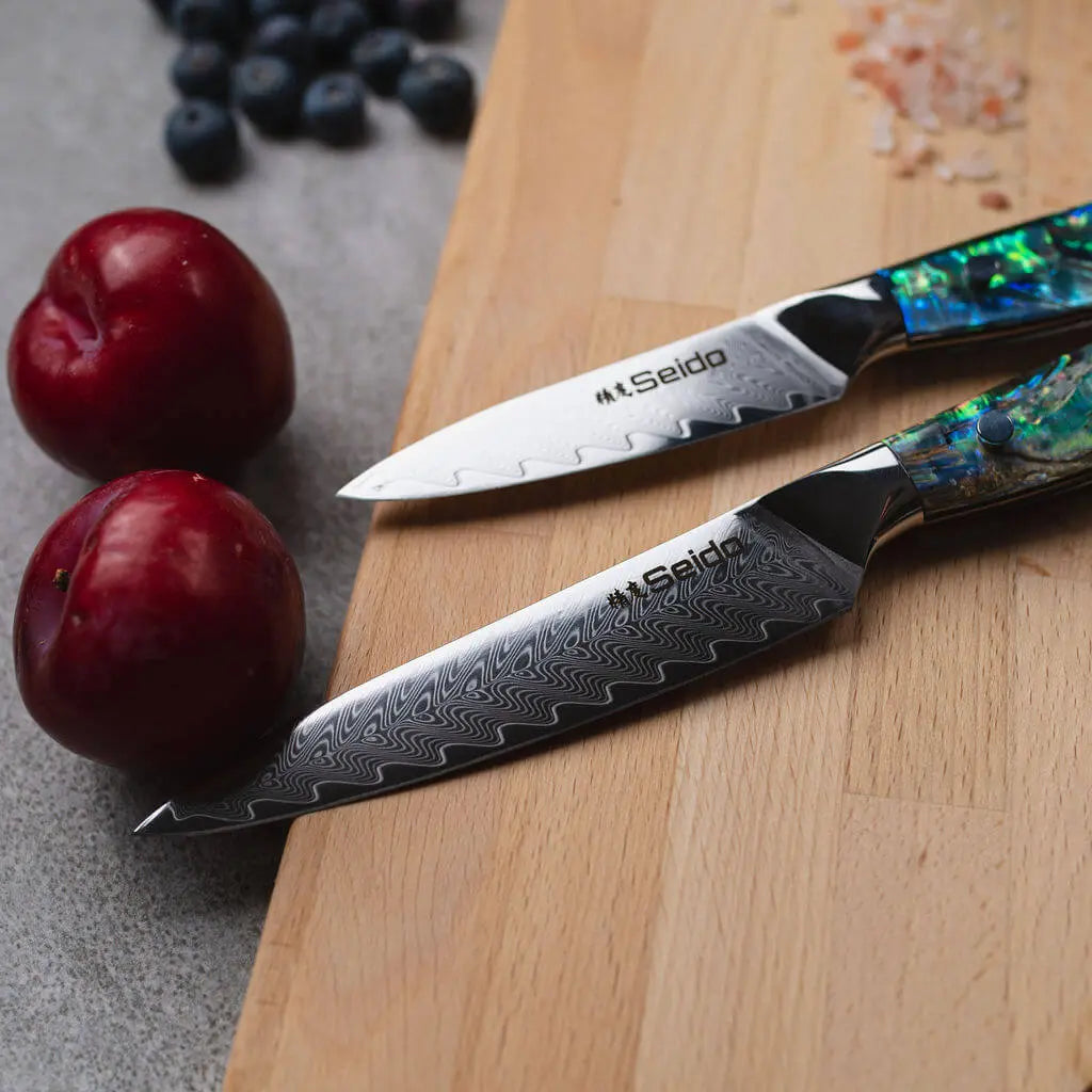 Awabi Damascus chef knife set with abalone resin handles and knife guards
