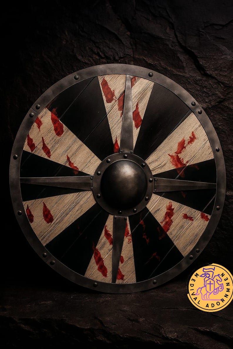 Battle-worn Viking shield, distressed Norse warrior decor – distressed wood plank construction with iron spearhead inlays