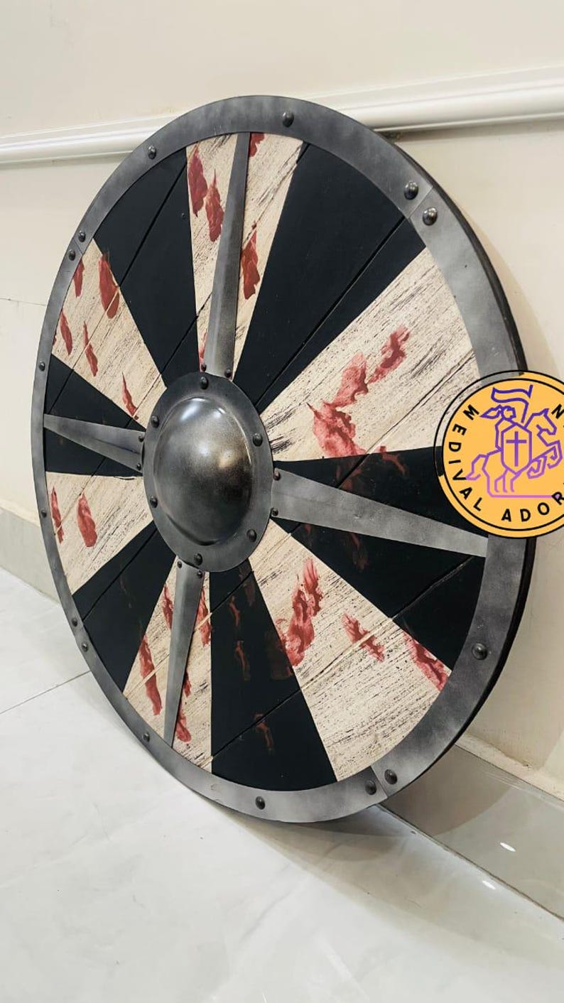 Battle-worn Viking shield, distressed Norse warrior decor – blackened hammered steel center boss