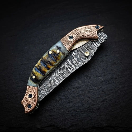 Bighorn sheep horn tanto folding knife with Damascus steel blade – photo 2